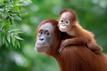 Naklejka premium Orangutan mother carrying baby through jungle habitat