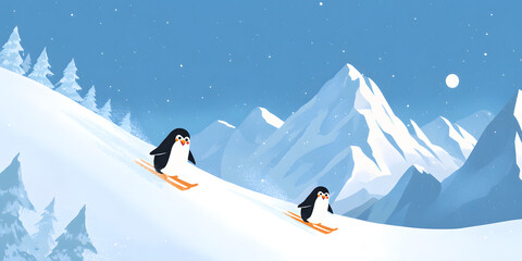 Playful penguin duo enjoys winter activities on a snowy mountain slope, gliding with skis under a starlit sky near towering mountain peaks, demonstrating fun times in a chilly environment.