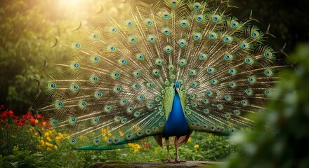 Majestic peacock displaying vibrant iridescent tail feathers in a sunlit lush garden setting