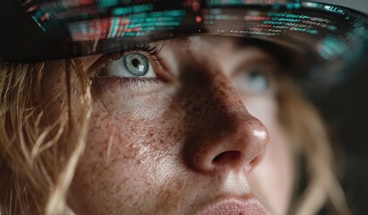 A focused woman's gaze, data projected on the hat, deep in thought, embodies the fusion of human insight and technological advancement. ..Created with Generative AI, not depicting real subjects.