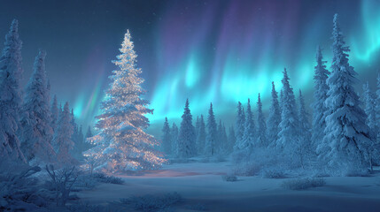 Illuminated christmas tree standing in snowy winter forest with aurora borealis dancing in night sky