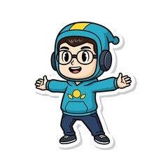 Obraz premium A cute cartoon boy with glasses and a blue hoodie with headphones, smiling and welcoming.