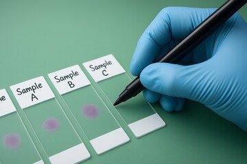 Laboratory technician hand in blue glove writing sample labels on glass microscope slides for data tracking