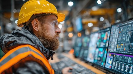 A focused worker monitoring data on multiple screens in a modern industrial control room, wearing safety gear and hardhat. ..Created with Generative AI, not depicting real subjects.