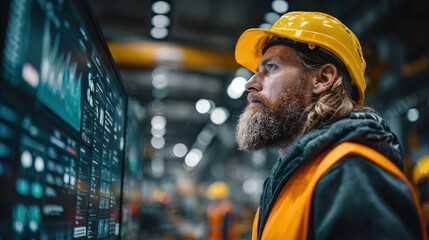 An attentive engineer studies real-time data on a vast display, reflecting the dedication and expertise required in the industrial field. ..Created with Generative AI, not depicting real subjects.