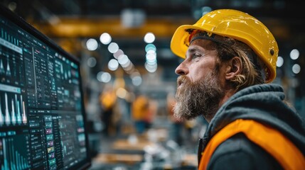 A focused factory worker analyzes complex data on a large monitor, surrounded by industrial equipment. ..Created with Generative AI, not depicting real subjects.