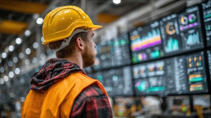 A factory worker in a safety vest and hardhat monitors industrial machinery and data on a series of screens. ..Created with Generative AI, not depicting real subjects.