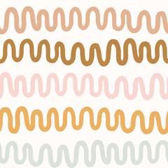 Simple wiggly wave lines arranged as minimalist irregular stripes pattern in colors of cream, brown, pink, yellow and gray on beige. Geometric abstract seamless vector pattern. Great for home decor.