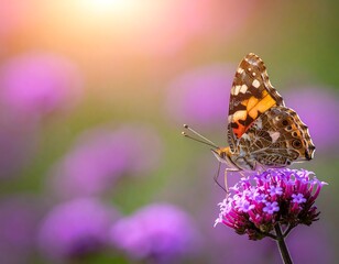 Butterfly perches on purple flower, bathed in warm sunlight