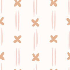 Simple x shaped four petal flowers with parallel lines, forming a minimalist floral stripes pattern in colors of brown and pink on beige background. Abstract seamless vector pattern. Home decor, etc.