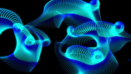 Abstract swirling blue and cyan light trails on black background image