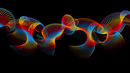 Abstract swirling colorful lines forming wave shapes on black background blue bright
