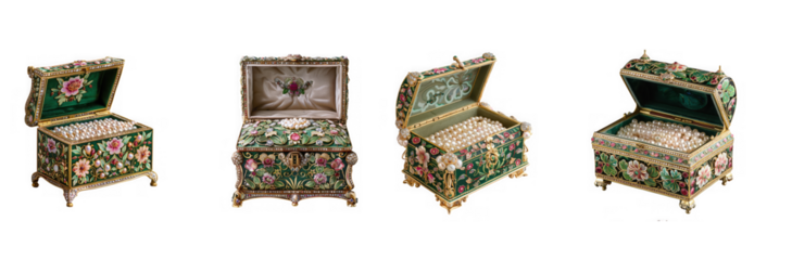 Collection of intricately decorated jewelry boxes isolated on transparent background
