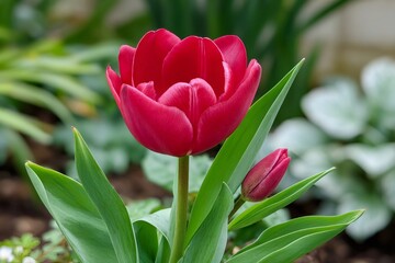 Naklejka premium Red tulip blooming with green leaves in garden