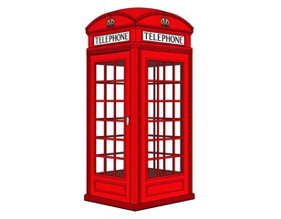 Cartoon illustration of a classic, red, public telephone booth
