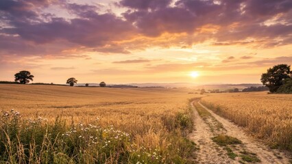 Fototapeta premium Serene Sunset Over Golden Fields with a Winding Road Leading into the Horizon
