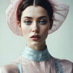Woman in Pink Hat and Pastel Outfit with Blue Eyes and Brown Hair