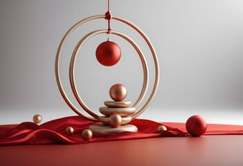 3D rendering of red and gold Chinese New Year product display podium. Festive background with lanterns, ribbons and geometric shapes for celebration mockup.