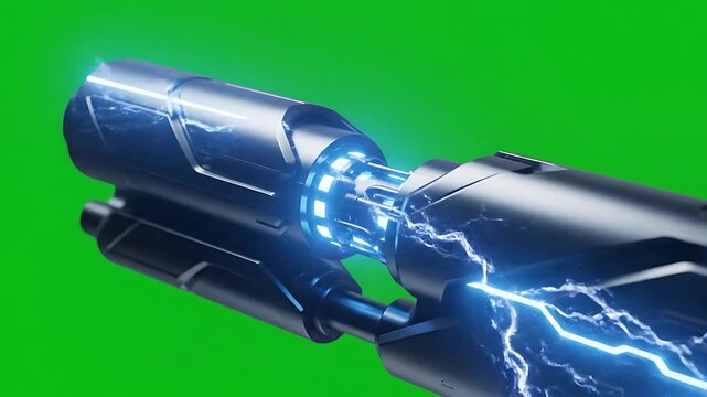 Sci-fi futuristic plasma gun powering up with bright blue electricity on green screen