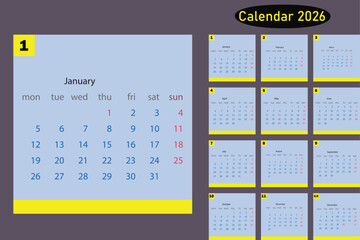 The image features a calendar for the year 2026, displaying the month of January. It includes the days of the week&mdash;Monday to Sunday&mdash;along with numerical dates from 1 to 31. 