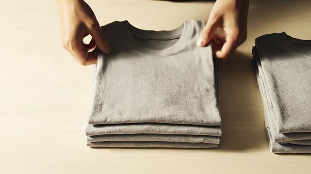 Hands neatly folding stacked grey T-shirts fast on light wooden table