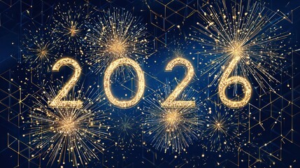 Celebrating 2026 New Year Elegant Card with Abstract Golden Fireworks and Golden Numbers on Blue Background with Geometric Pattern for Poster and Flyer