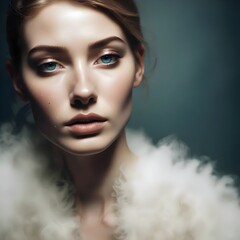 Close-up Portrait of a Woman with Blue Eyes and Feathered Collar