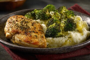 Pan Seared Chicken Breast Accompanied by Mashed Potatoes and Broccoli