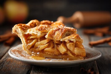 Warm baked apple pie slice with flaky crust