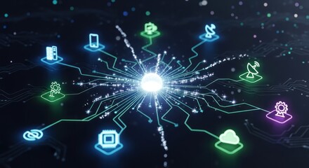 Digital network connecting various technology icons on a dark circuit board.
