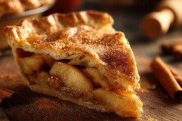 Warm baked apple pie slice with flaky golden crust