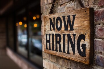 Wooden Plank Sign Board with 'NOW HIRING' Hand-Painted Text, Hanging on Brick Wall 