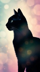 Profile of a black cat with bright eyes against a soft pastel bokeh background with light flares