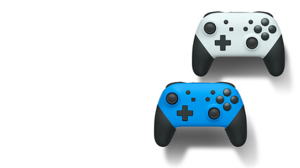 Wireless gaming controllers flying in air isolated on white background, symbolizing gaming technology concept