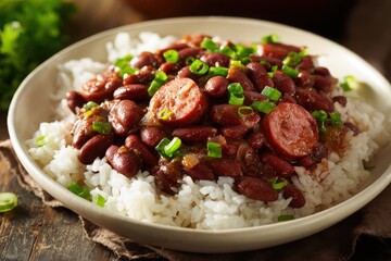 A hearty serving of slow-cooked red beans with sausage and rice