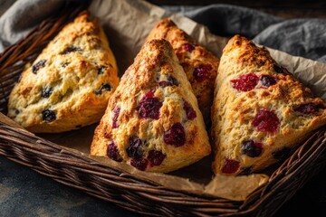Assortment of fruit-filled scones including cranberries and blueberries in a rustic basket
