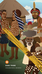 Poster layout idea with Dani tribe culture cellshaded illustration
