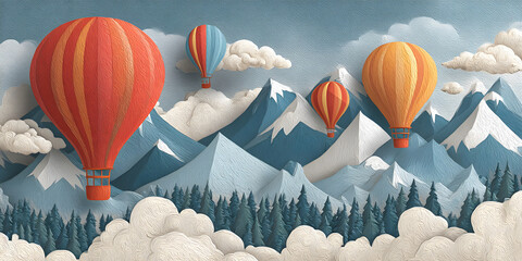 Colorful hot air balloons float above snow-capped mountain peaks, set against a vibrant sky with fluffy white clouds, evoking a sense of adventure, travel, and freedom in a picturesque outdoor scene.