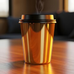 Steaming hot golden coffee cup on a wooden table