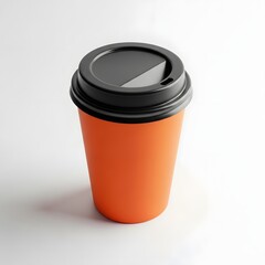 Vibrant orange disposable coffee cup with black lid isolated on white background