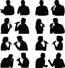 Singer silhouettes set, vocalist with microphone vector icons