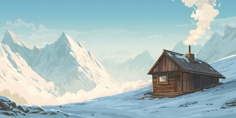 Rustic wooden cabin nestled on a snow-covered mountain slope with a backdrop of majestic, snow-capped peaks, smoke billowing from the chimney under a clear, cool, and serene blue sky, representing...