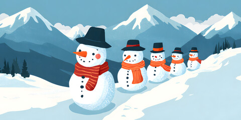 Whimsical illustration presents a line of snowmen wearing hats and scarves, marching across a snow-covered path with majestic mountains in the background, evoking a cheerful winter scene.