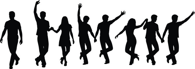 Happy people silhouettes holding hands walking and celebrating together isolated on white background community teamwork friendship concept illustration