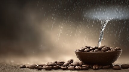 Water pours in a stream onto roasted seeds contained within a small dish amidst falling rain