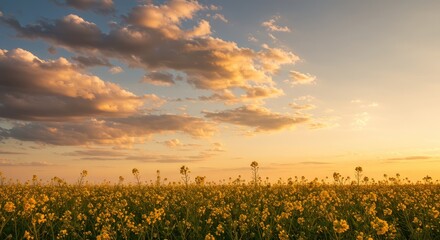Golden sunset over a field of vibrant yellow flowers