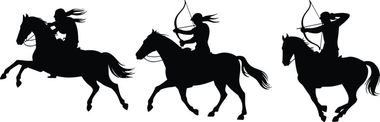 Horseback archer silhouettes collection showing mounted warriors shooting bows in motion isolated on white background illustration © astroDev