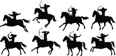Mounted archer silhouette collection horse riding warriors shooting bow historical battle illustration set design © astroDev