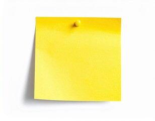 A blank yellow sticky note pinned with a yellow thumbtack to a clean white background, creating a soft shadow. Ideal for messages or reminders.