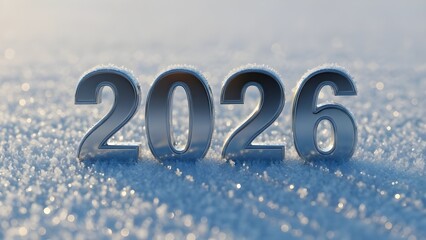 2026 numbers in silver stand on a surface covered with sparkling snow under sunlight creating a beautiful winter backdrop